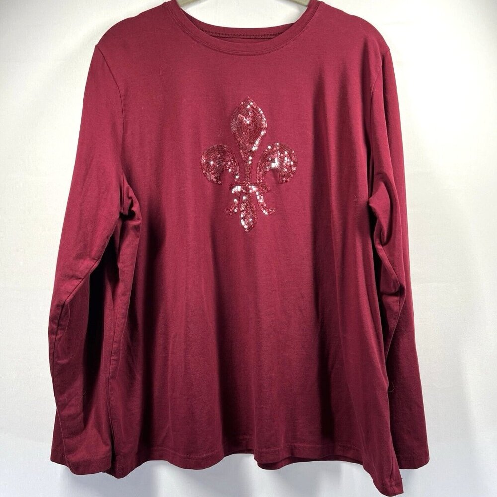 Talbots Women's Top Size XL‎ Dark Red Sequin Long Sleeve Cotton Spandex Pullover